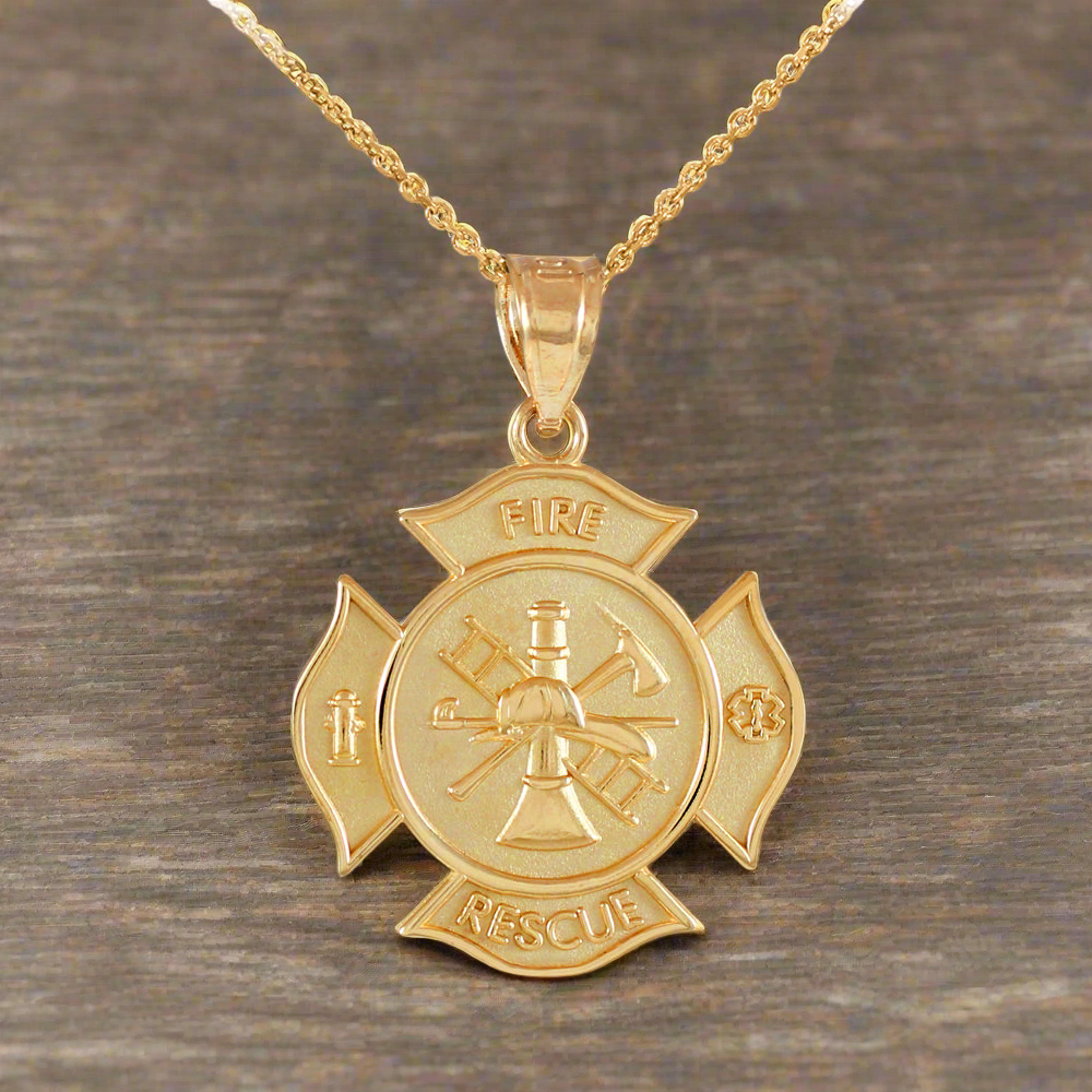 Gold Firefighter Fire Rescue Maltese Cross Pendant Necklace (14K, 10K, yellow, white, rose gold)