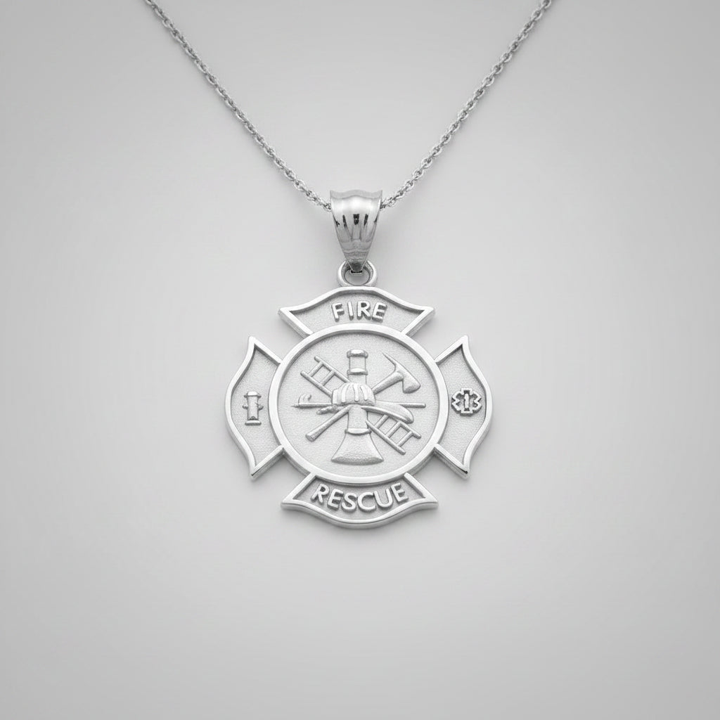 Sterling Silver Firefighter Fire Rescue Maltese Cross Pendant Necklace
