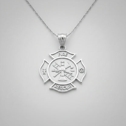 Sterling Silver Firefighter Fire Rescue Maltese Cross Pendant Necklace
