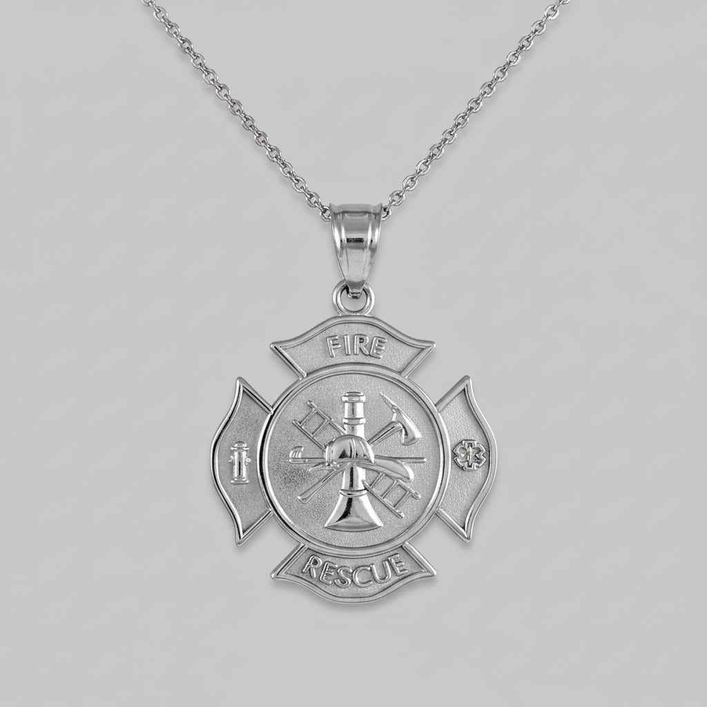 Sterling Silver Firefighter Fire Rescue Maltese Cross Pendant Necklace