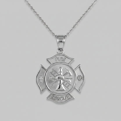 Sterling Silver Firefighter Fire Rescue Maltese Cross Pendant Necklace