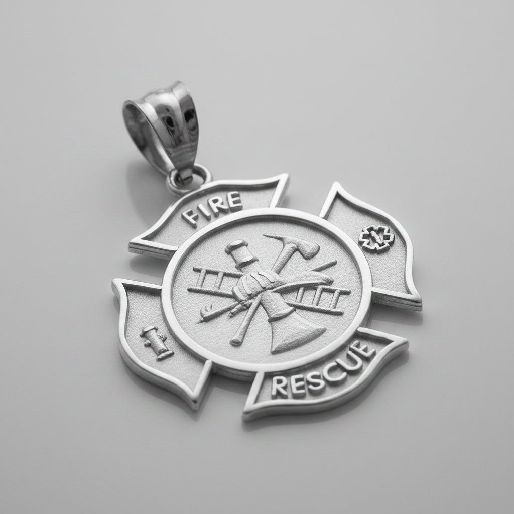 Sterling Silver Firefighter Fire Rescue Maltese Cross Pendant Necklace
