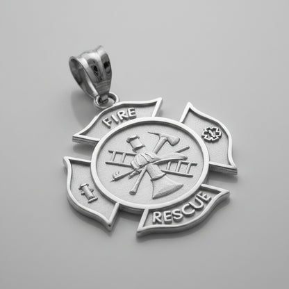 Sterling Silver Firefighter Fire Rescue Maltese Cross Pendant Necklace