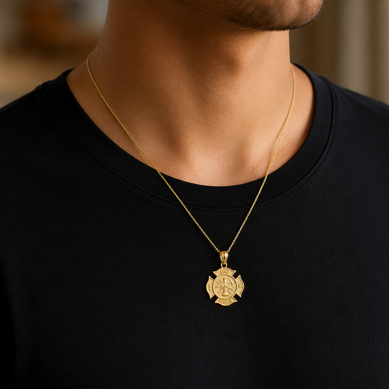 Gold Firefighter Fire Rescue Maltese Cross Pendant Necklace (14K, 10K, yellow, white, rose gold)