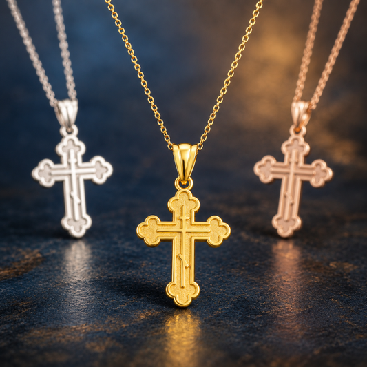 Gold Russian Eastern Orthodox Cross Pendant Necklace (Yellow, White, Rose Gold, 10K, 14K)