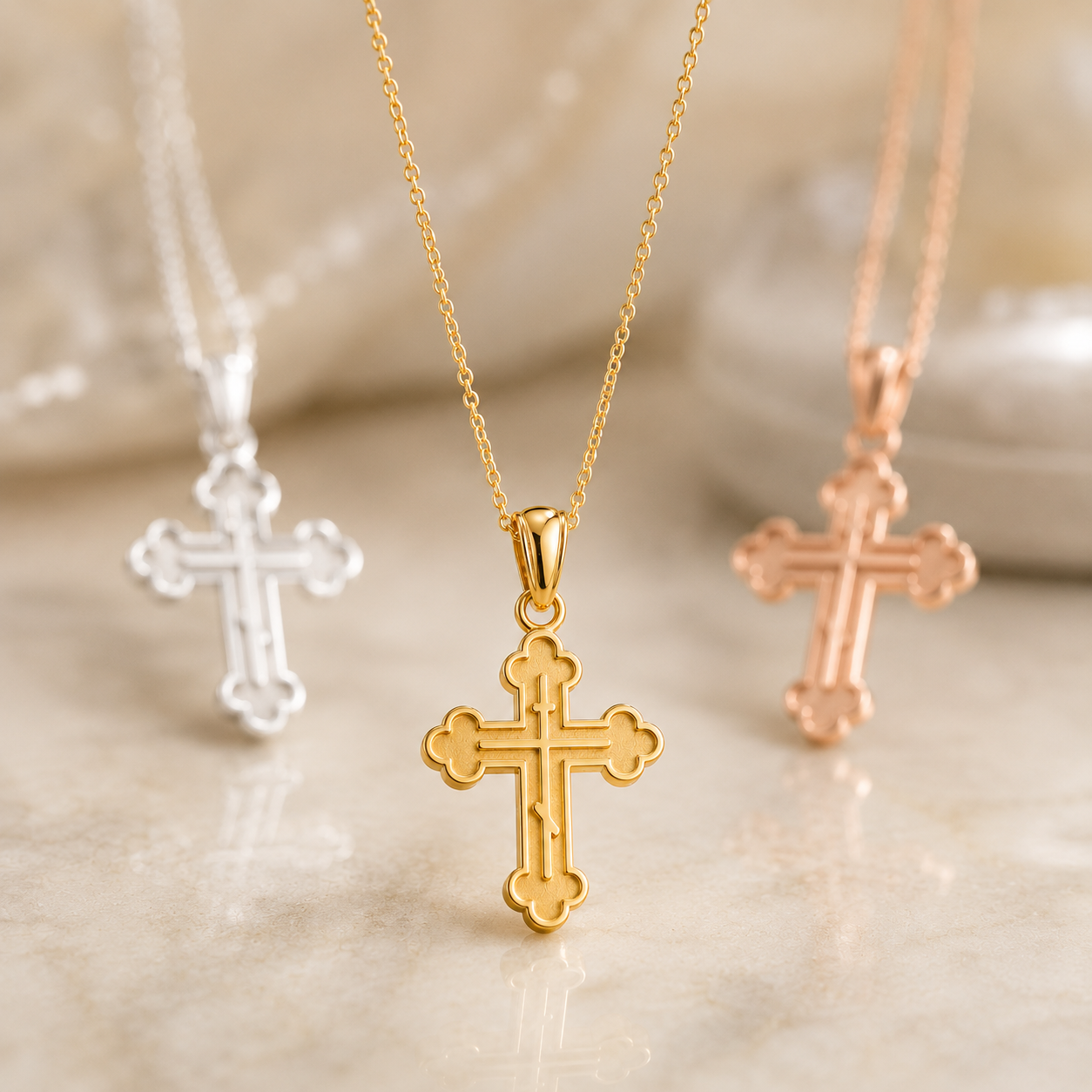 Gold Russian Eastern Orthodox Cross Pendant Necklace (Yellow, White, Rose Gold, 10K, 14K)