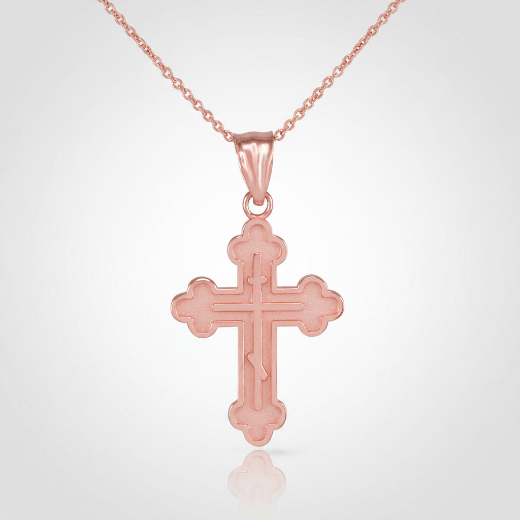 Gold Russian Eastern Orthodox Cross Pendant Necklace (Yellow, White, Rose Gold, 10K, 14K)