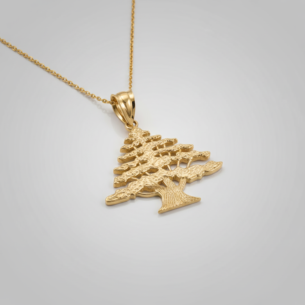 Gold Cedar Tree of Lebanon Charm Pendant Necklace on black background - Karma Blingz