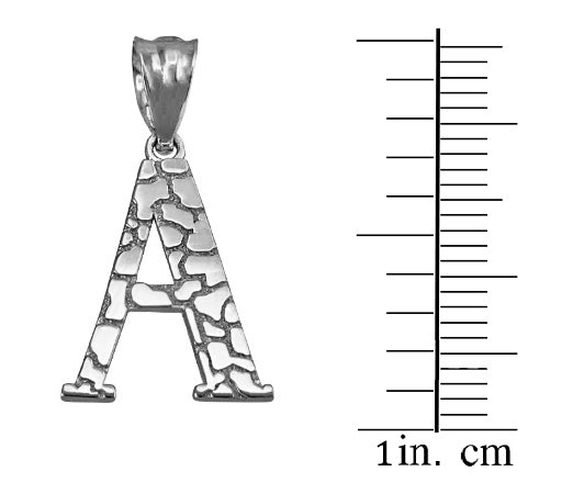 Silver letter A pendant with a textured crackle finish, shown next to a 1-inch centimeter scale on a white background.