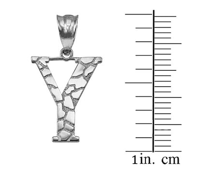 Silver letter Y pendant with a textured, cracked stone-like pattern, shown next to a 1-inch centimeter scale on a white background.