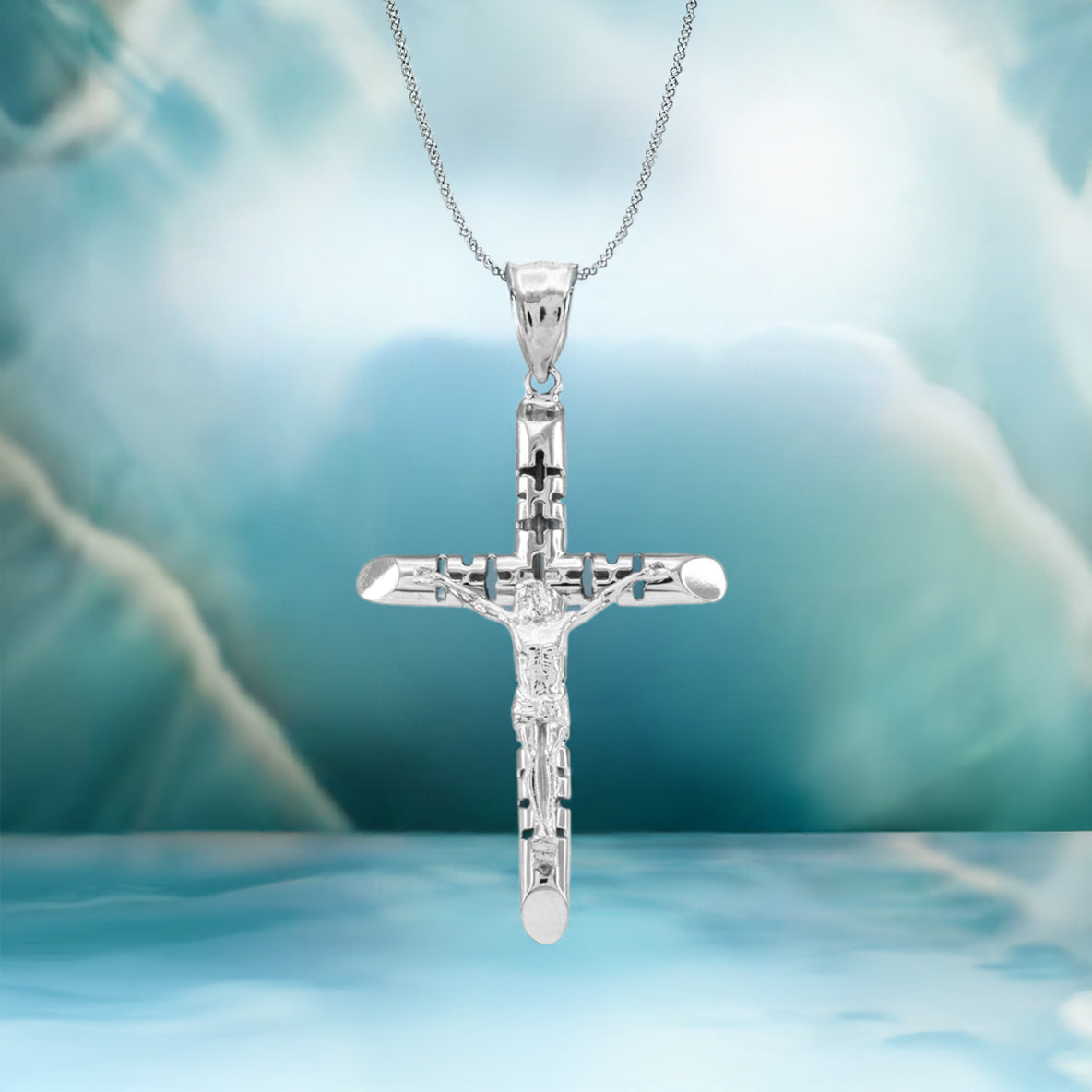 Sterling Silver Crucifix Tube Cross Pendant Necklace