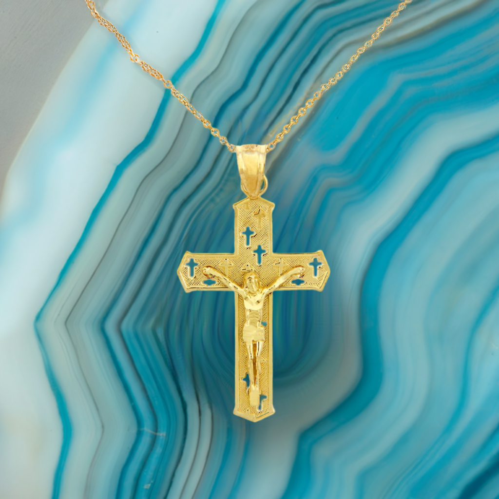 Gold Crucifix Cross Charm Pendant Necklace (10k, 14k, yellow, white, rose, 2-tone)