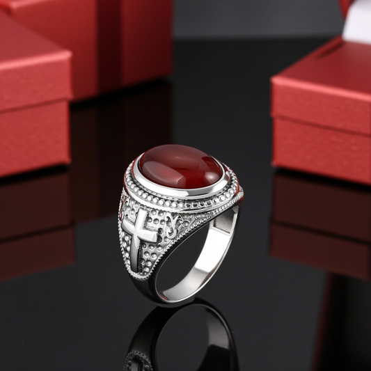 Sterling Silver Christian Cross Red Onyx Gemstone Ring