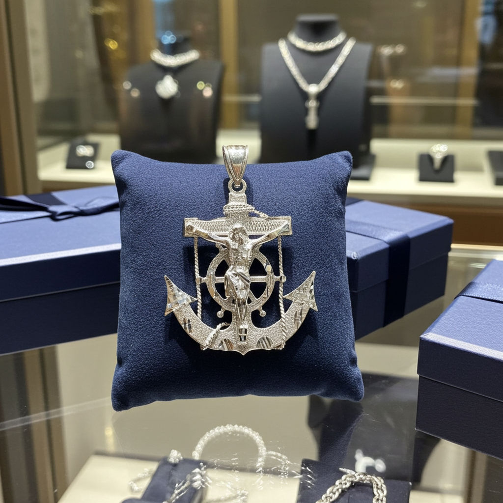 Solid Gold Mariner Anchor Mens Large Crucifix Cross Pendant (yellow, white, rose gold, 10k, 14k)