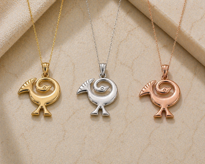 Gold Sankofa Bird Pendant Necklace West African Adinkra Symbol Charm Yellow, White, Rose Gold 10K 14K