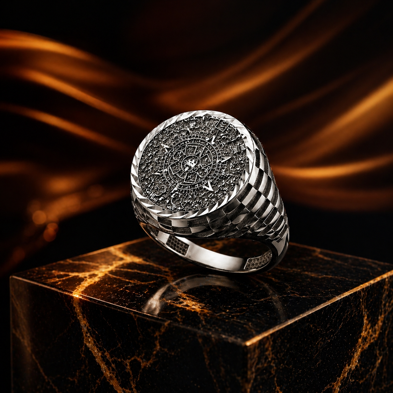 Gold Aztec Mayan Sun Calendar DC Unisex Signet Ring