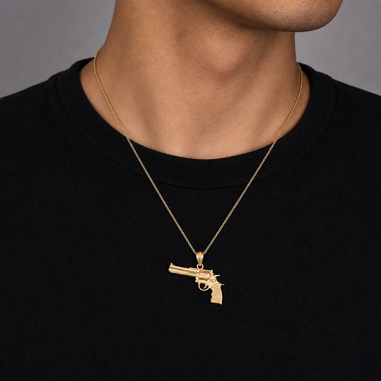 Gold Magnum Revolver Gun Pendant Necklace (10k, 14k, yellow, white, rose gold)