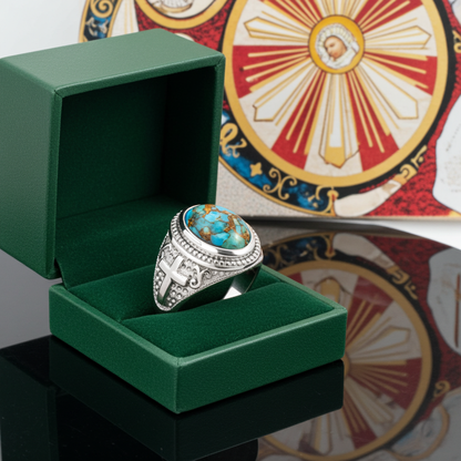 Sterling Silver Christian Cross Blue Copper Turquoise Ring