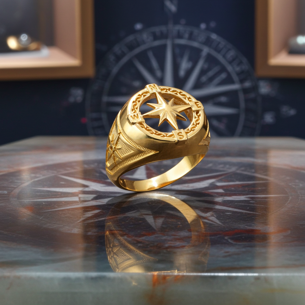 Men's Gold Compass Rose North Star Open Signet Statement Ring (yellow, white, rose, 10k / 14k)