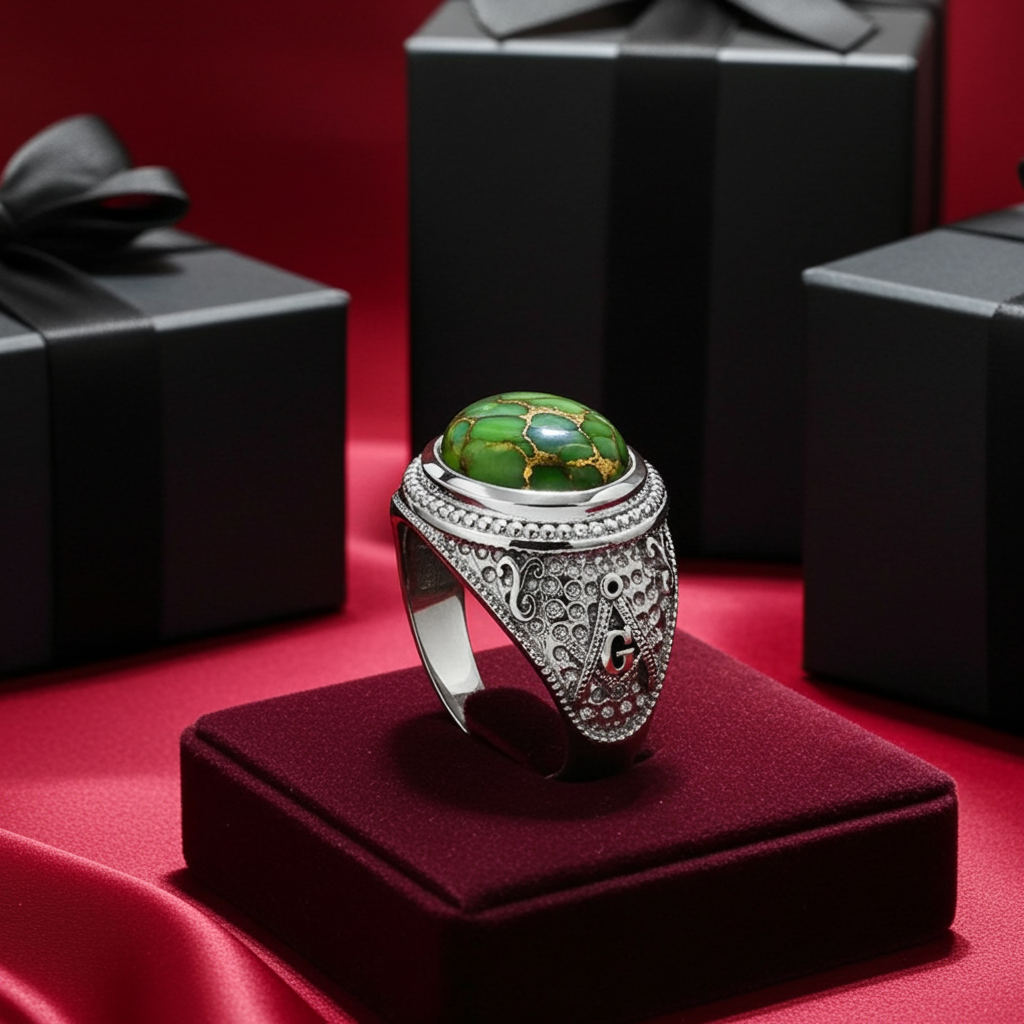 Sterling Silver Masonic Green Copper Turquoise Ring