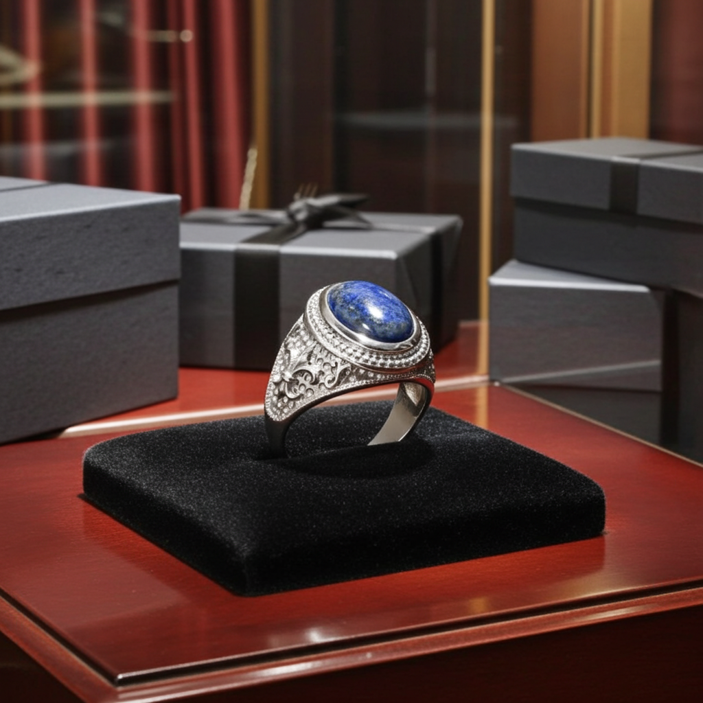 Sterling Silver Fleur De Lis Lapis Lazuli Gemstone Statement Ring