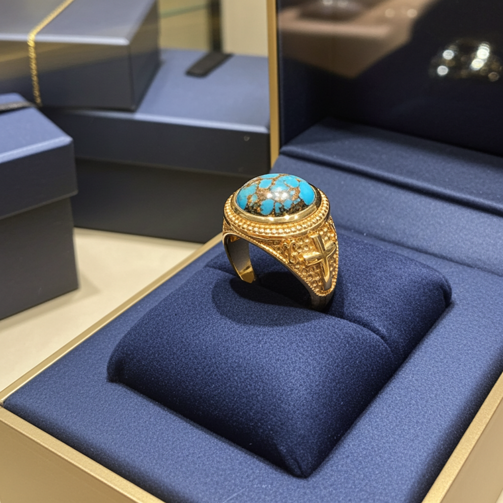 Solid Gold Christian Cross Blue Copper Turquoise Ring Oval Cabochon Gemstone