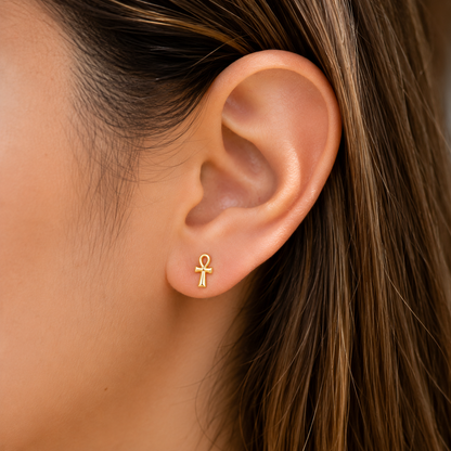 Gold Ankh Cross Stud Earrings (10K, 14K)