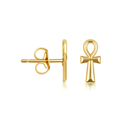 Gold Ankh Cross Stud Earrings (10K, 14K)