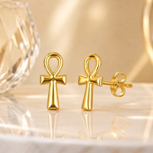 Gold Ankh Cross Stud Earrings (10K, 14K)