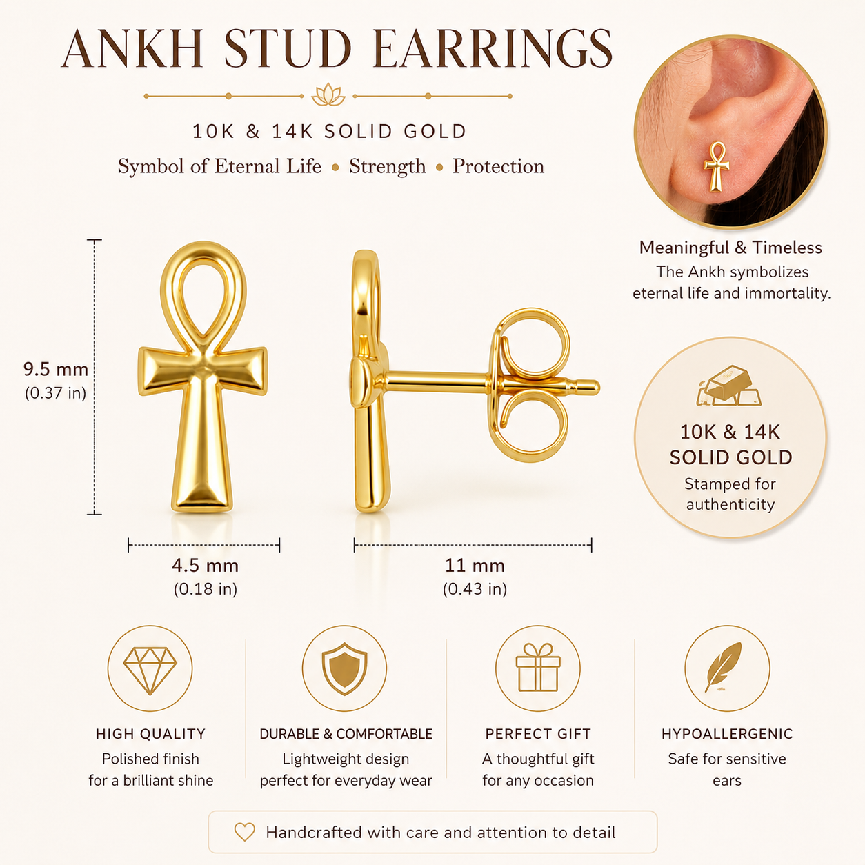 Gold Ankh Cross Stud Earrings (10K, 14K)