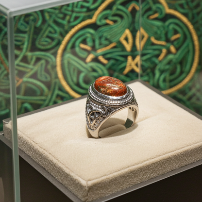 Sterling Silver Celtic Triquetra Orange Copper Turquoise Ring
