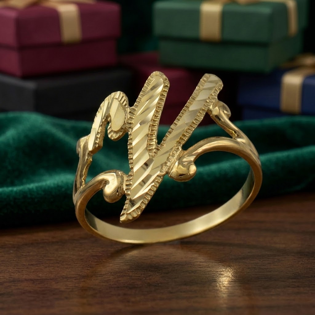 14K Yellow Gold Sparkle-Cut Letter Initial Script Ring
