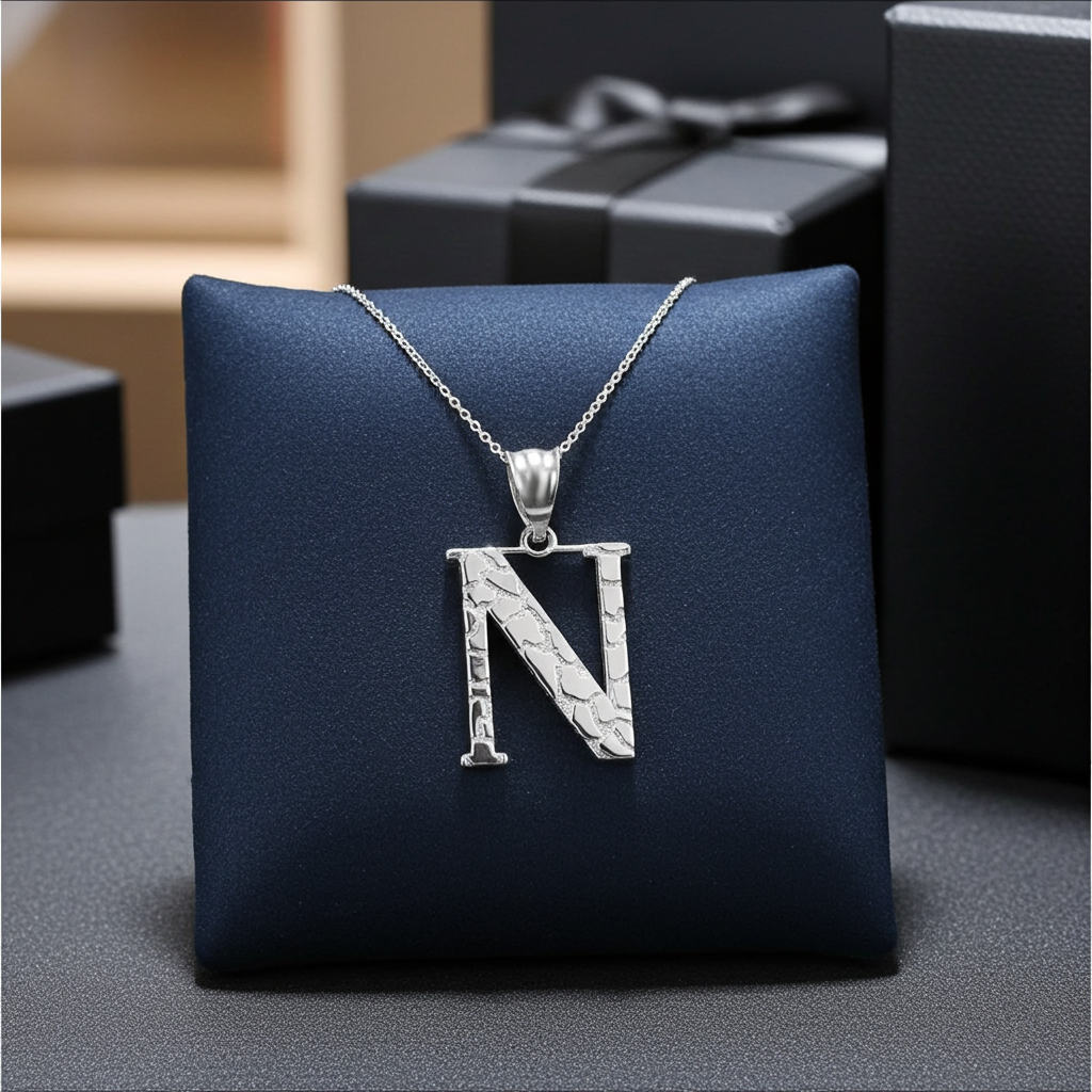 Sterling Silver Nugget Alphabet Initial Pendant Necklace English Letters