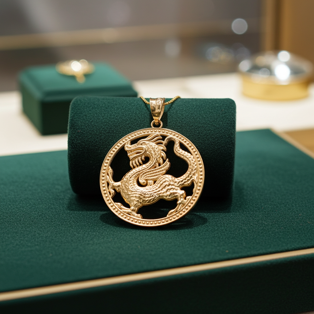 Gold Chinese Dragon Open Round Medallion Pendant Necklace (yellow, white, rose gold, 10k, 14k)