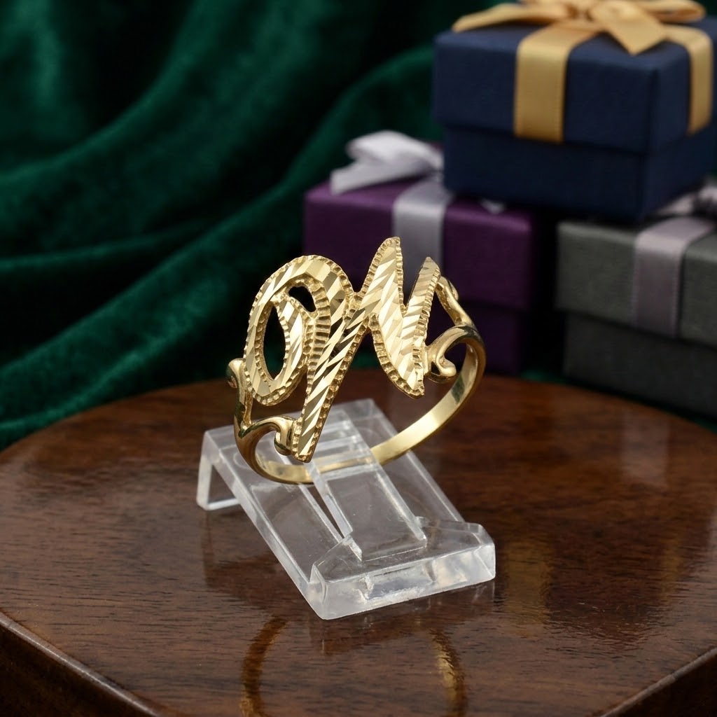 14K Yellow Gold Sparkle-Cut Letter Initial Script Ring