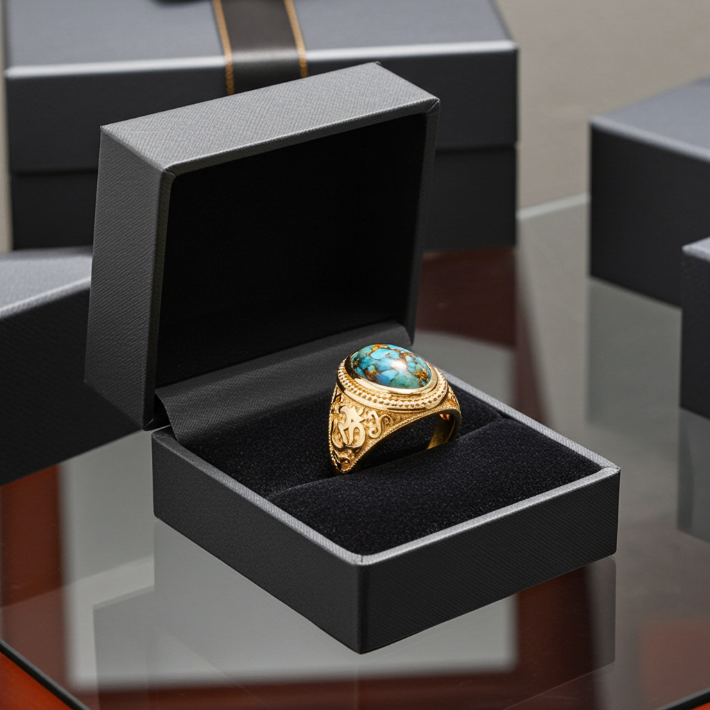 Gold Om Blue Copper Turquoise Oval Yoga Ring Karma Blingz