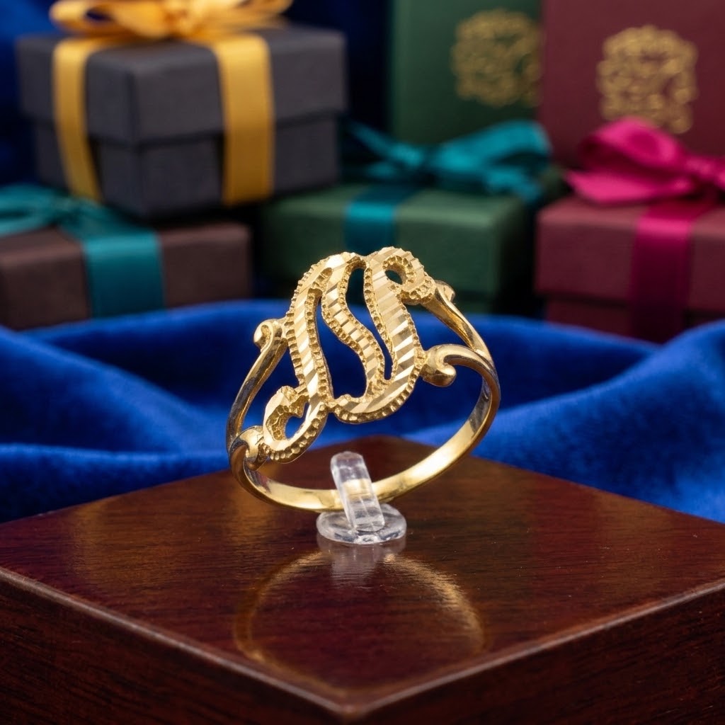14K Yellow Gold Sparkle-Cut Letter Initial Script Ring