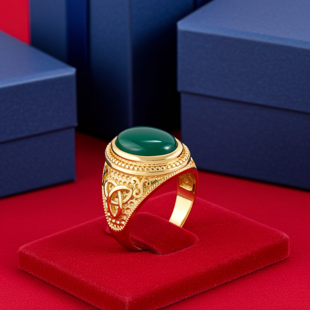 Gold Celtic Trinity Green Onyx Gemstone Ring