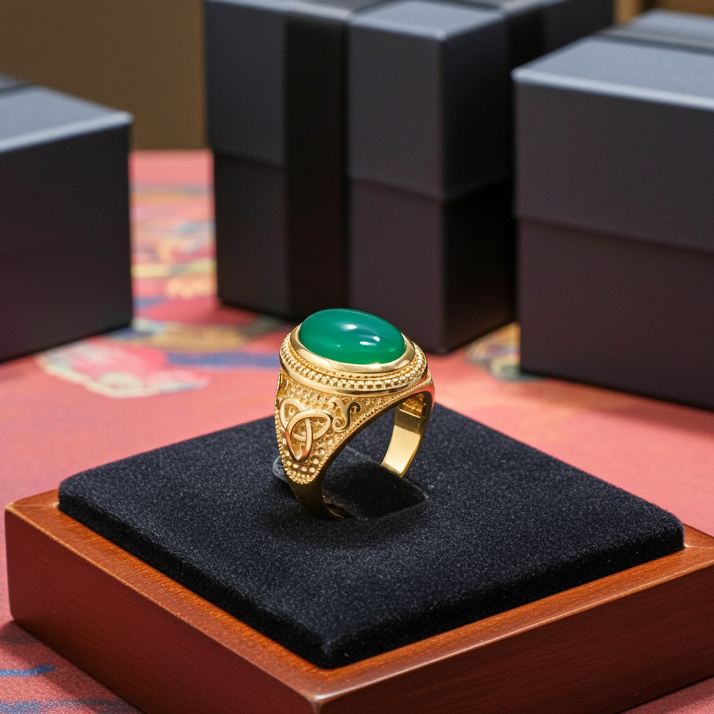 Gold Celtic Trinity Green Onyx Gemstone Ring