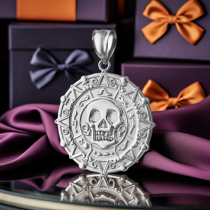 Sterling Silver Aztec Coin Pirates of The Caribbean Skull Medallion Pendant Necklace Karma Blingz