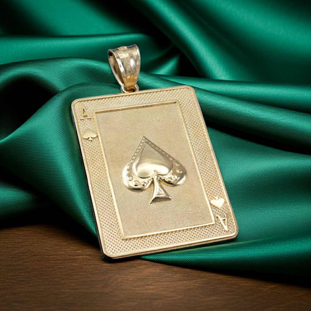 Gold Ace of Spades Poker Card Pendant (yellow, white, rose, 2-tone, 10K, 14K)
