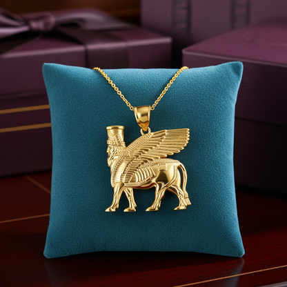 Gold Ancient Assyrian God Lamassu Winged Bull Pendant Necklace (yellow/white/rose)