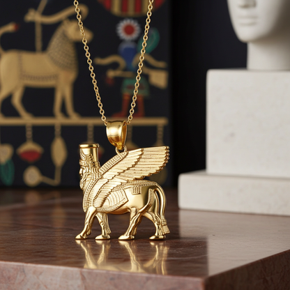 Gold Ancient Assyrian God Lamassu Winged Bull Pendant Necklace (yellow/white/rose)