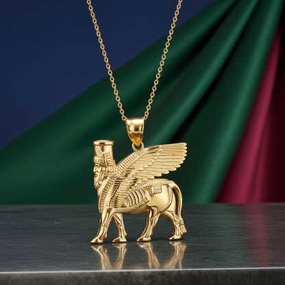 Gold Ancient Assyrian God Lamassu Winged Bull Pendant Necklace (yellow/white/rose)
