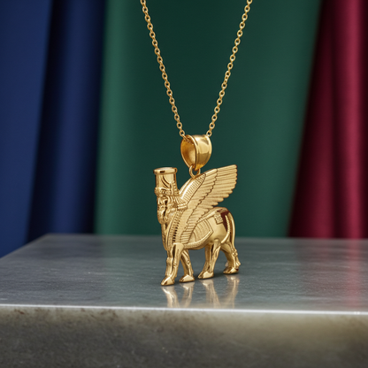 Gold Ancient Assyrian God Lamassu Winged Bull Pendant Necklace (yellow/white/rose)