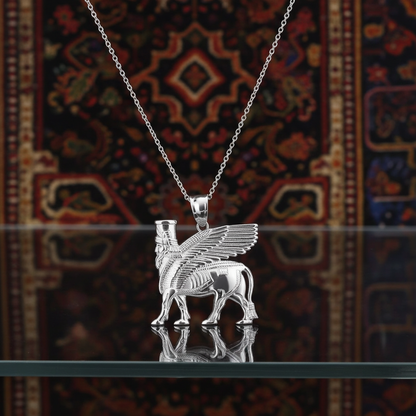 Gold Ancient Assyrian God Lamassu Winged Bull Pendant Necklace (yellow/white/rose)