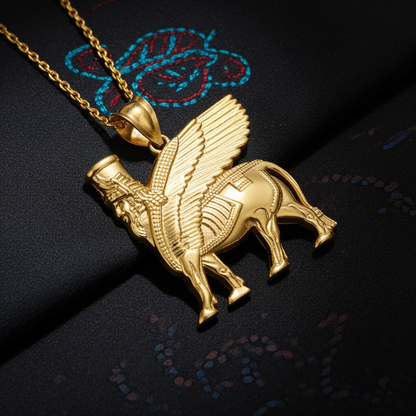 Gold Ancient Assyrian God Lamassu Winged Bull Pendant Necklace (yellow/white/rose)