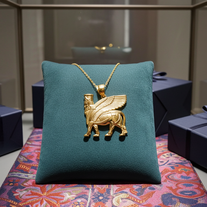 Gold Ancient Assyrian God Lamassu Winged Bull Pendant Necklace (yellow/white/rose)