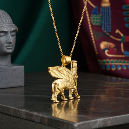 Gold Ancient Assyrian God Lamassu Winged Bull Pendant Necklace (yellow/white/rose)
