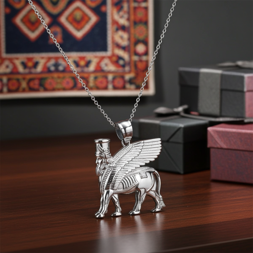 Gold Ancient Assyrian God Lamassu Winged Bull Pendant Necklace (yellow/white/rose)